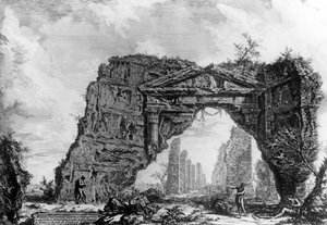 「ローマの景色」シリーズ、1760年頃のヴィラデイセッテバッシの廃墟の柱廊の眺め 作： Giovanni Battista Piranesi
